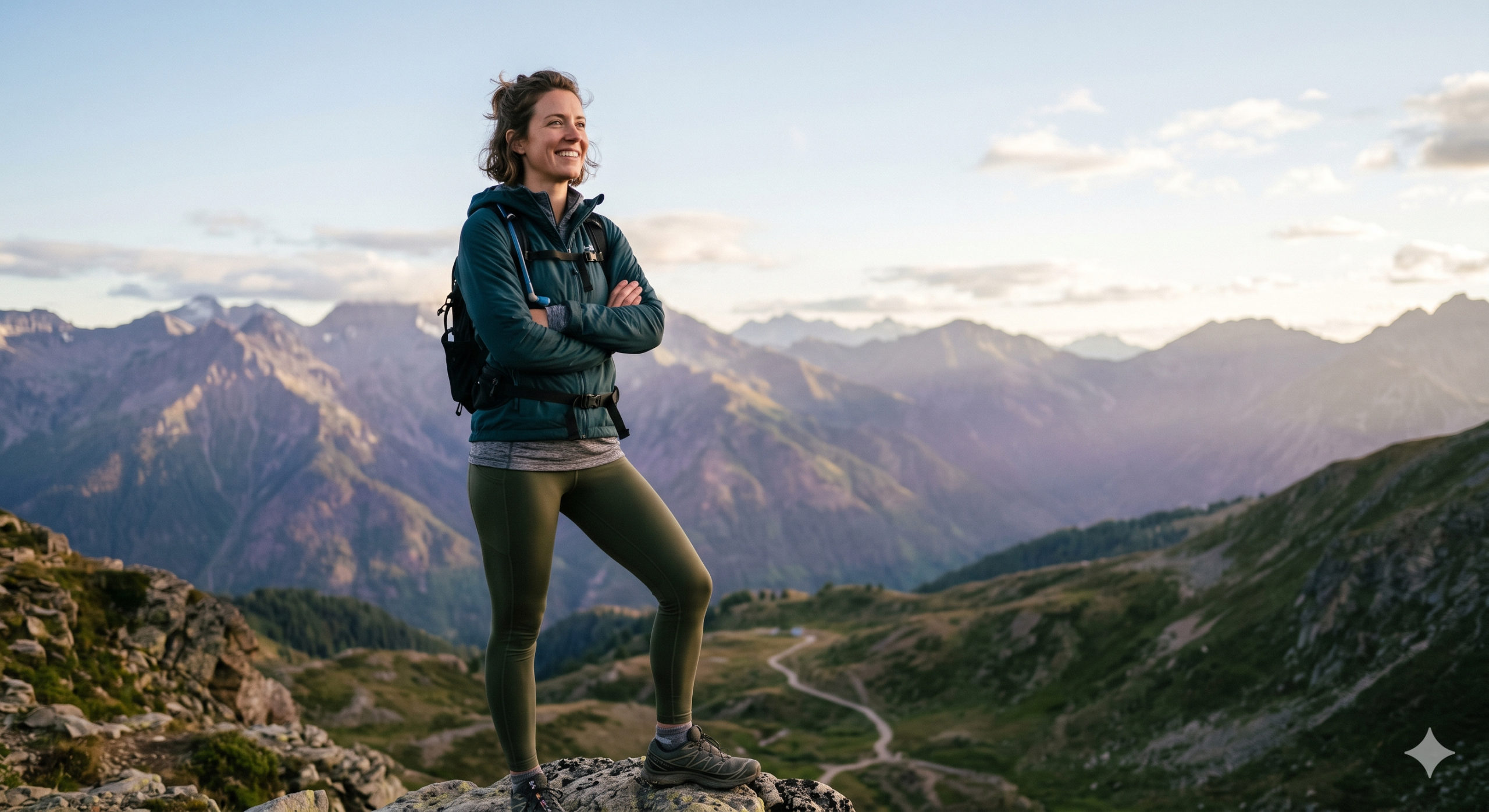 A confident, healthy adult against a serene mountain horizon